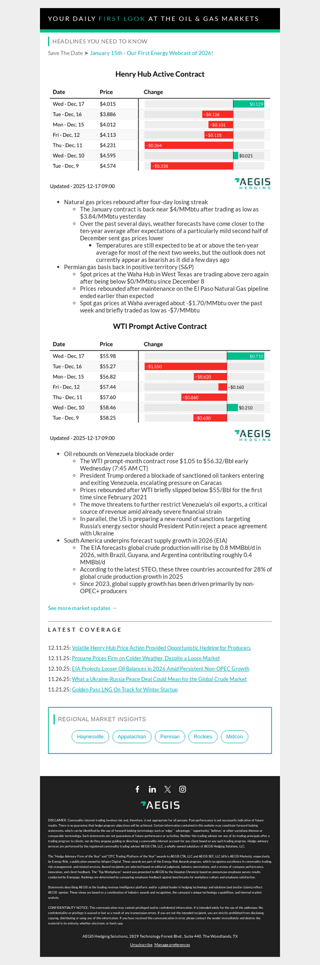 AEGIS Hedging email from Wed, Dec 17, 2025
