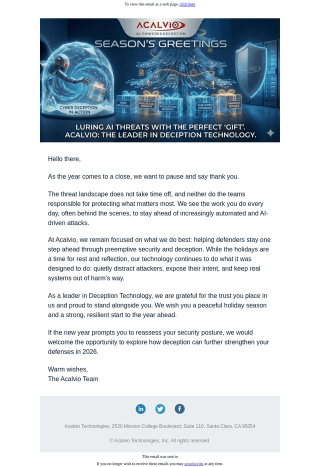 Acalvio Technologies email from Thu, Dec 18, 2025
