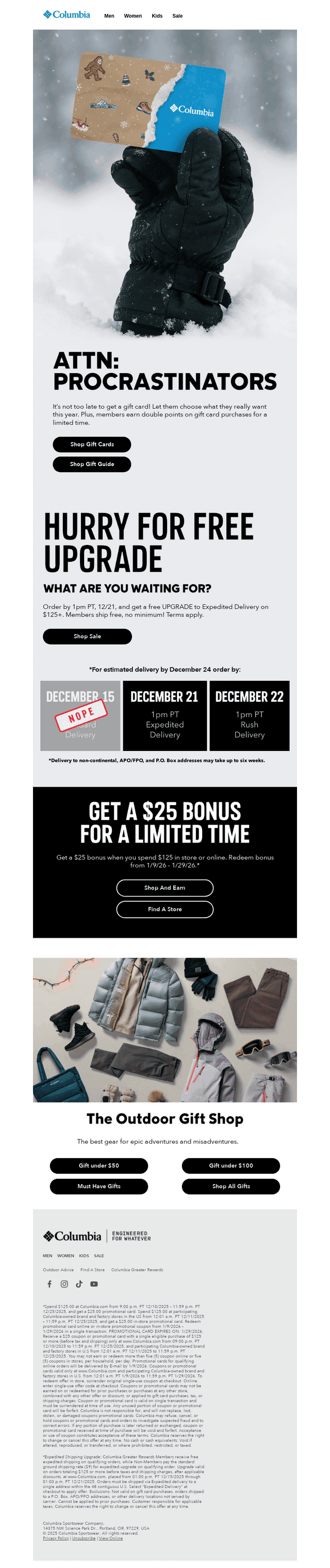 Columbia Sportswear email from Sat, Dec 20, 2025