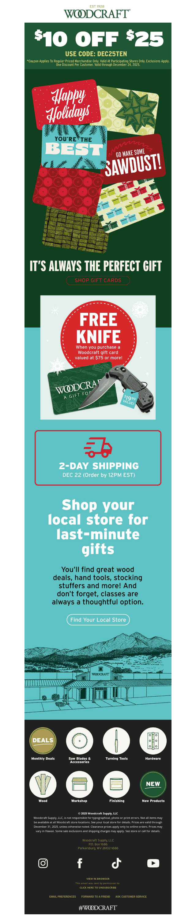 Woodcraft email from Mon, Dec 22, 2025