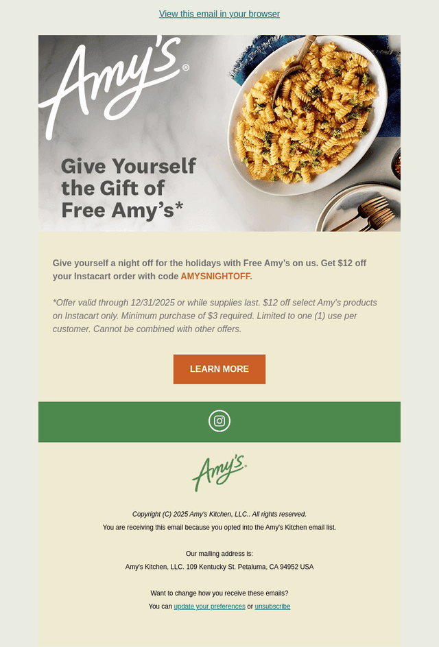 Amy's Kitchen email from Wed, Dec 24, 2025