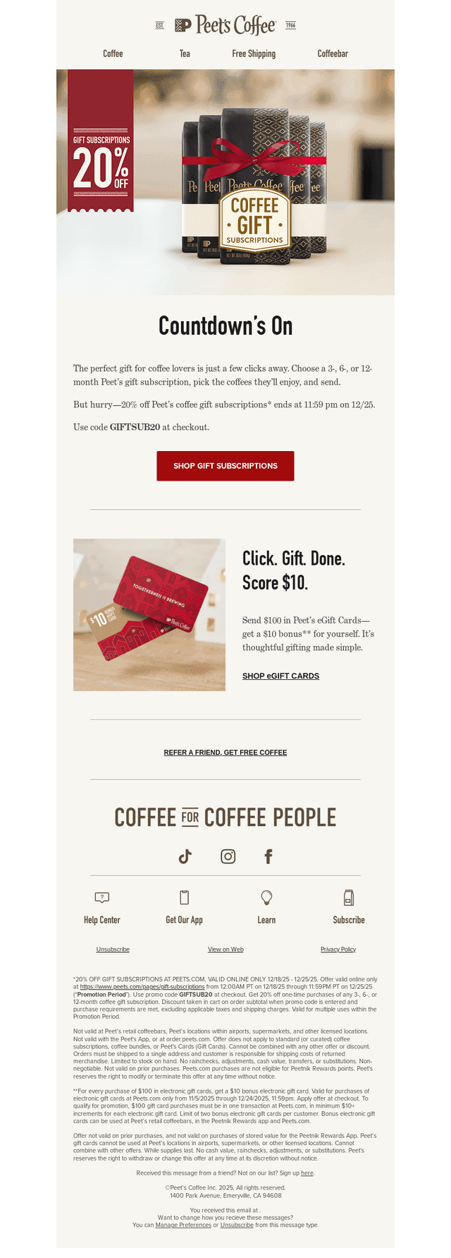 Peet's Coffee email from Wed, Dec 24, 2025