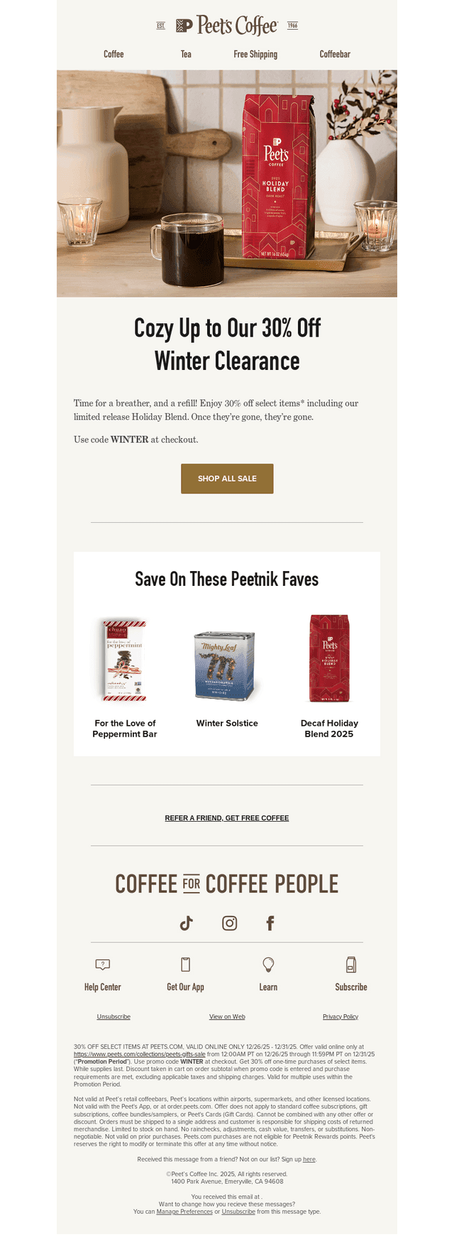 Peet's Coffee email from Fri, Dec 26, 2025
