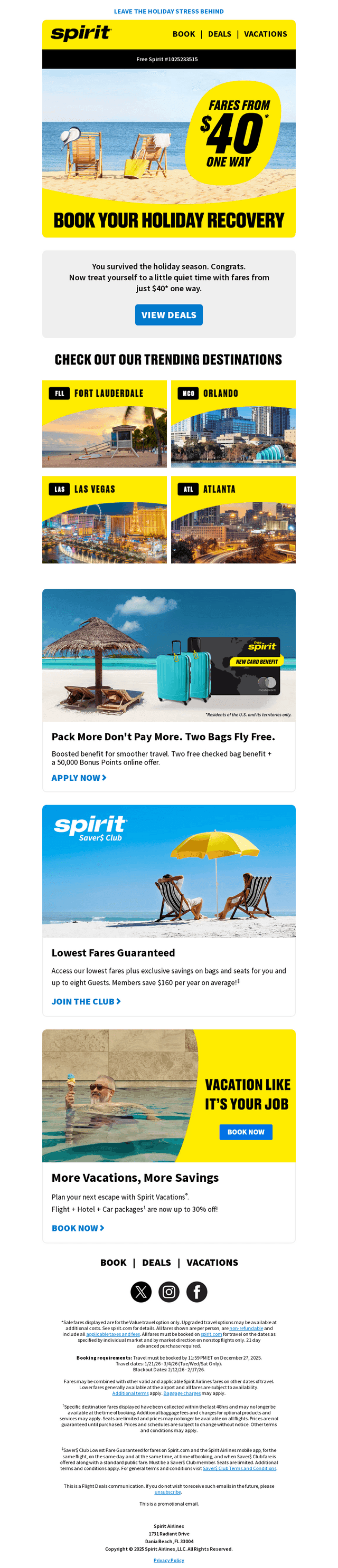 Spirit Airlines email from Fri, Dec 26, 2025