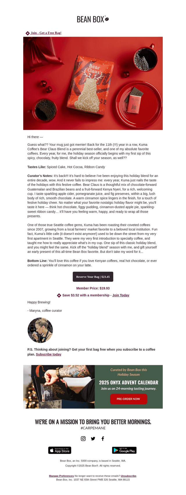 BeanBox email from Sun, Dec 28, 2025