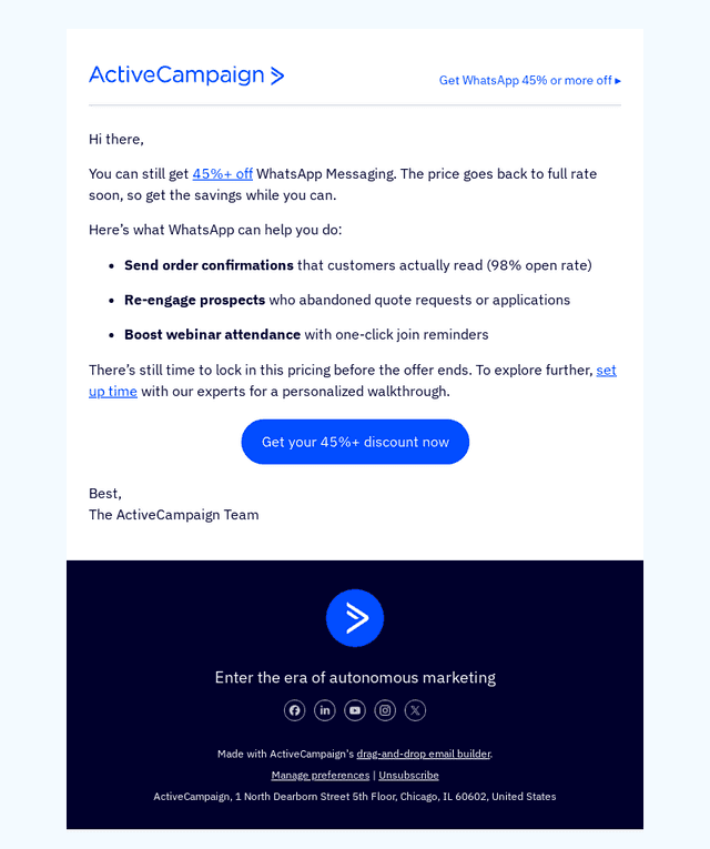 Last chance: 45%+ off WhatsApp Messaging