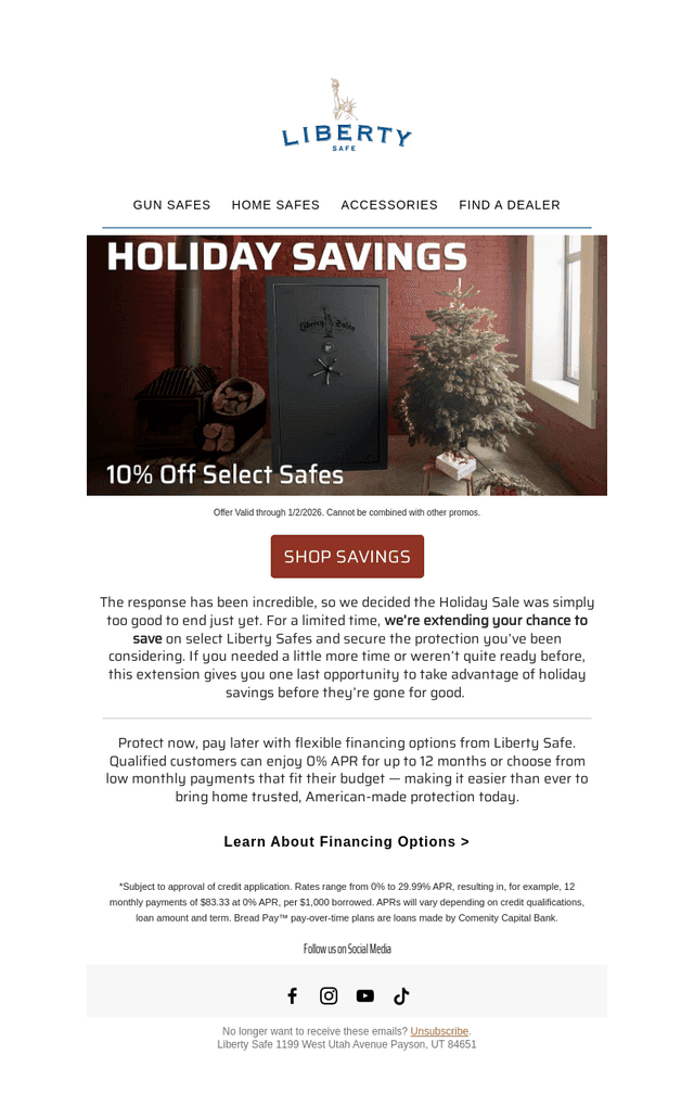Liberty Safe email from Tue, Dec 30, 2025