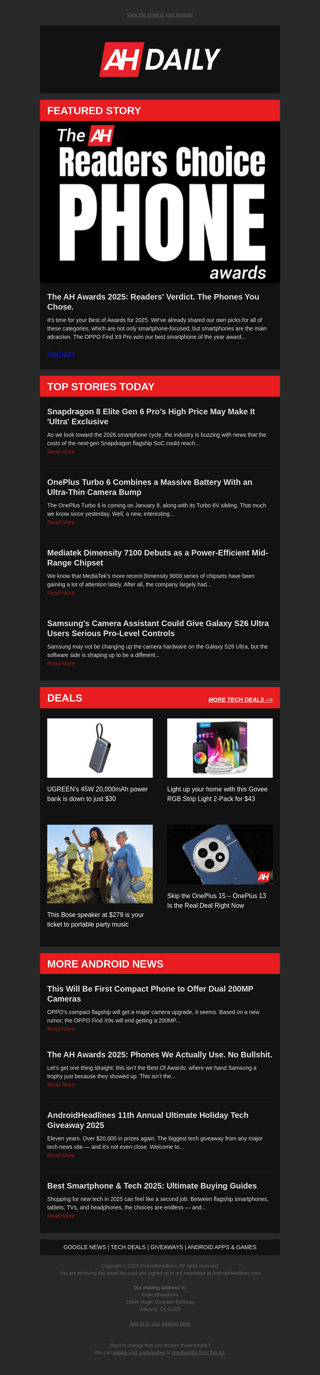 Android Headlines email from Wed, Dec 31, 2025