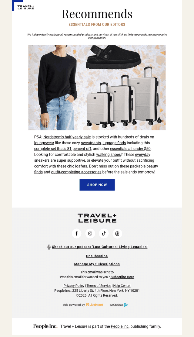 Travel + Leisure email from Sat, Jan 3, 2026