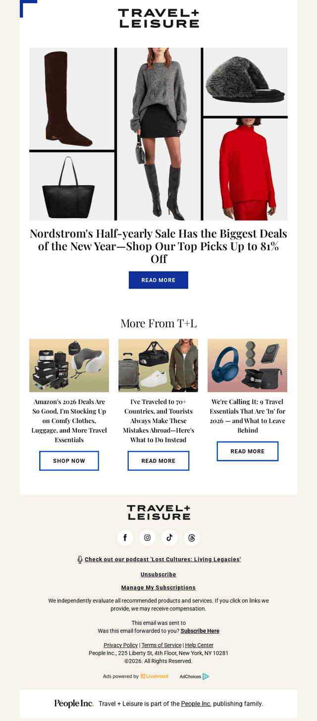Travel + Leisure email from Sat, Jan 3, 2026