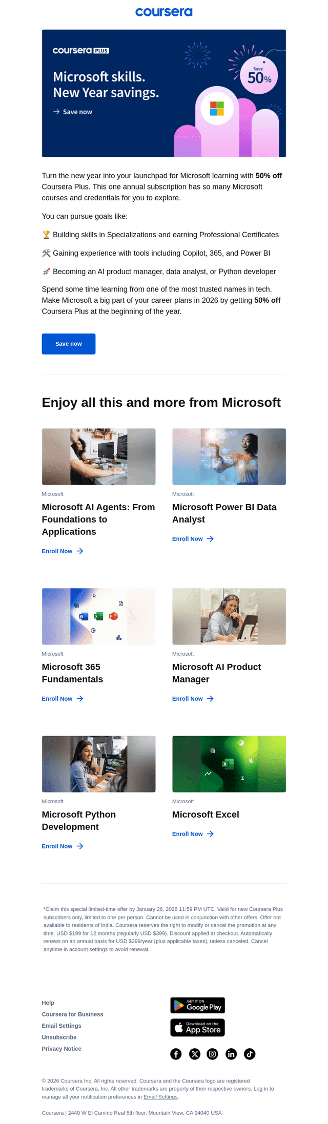 Save 50% now and skill up with Microsoft all year