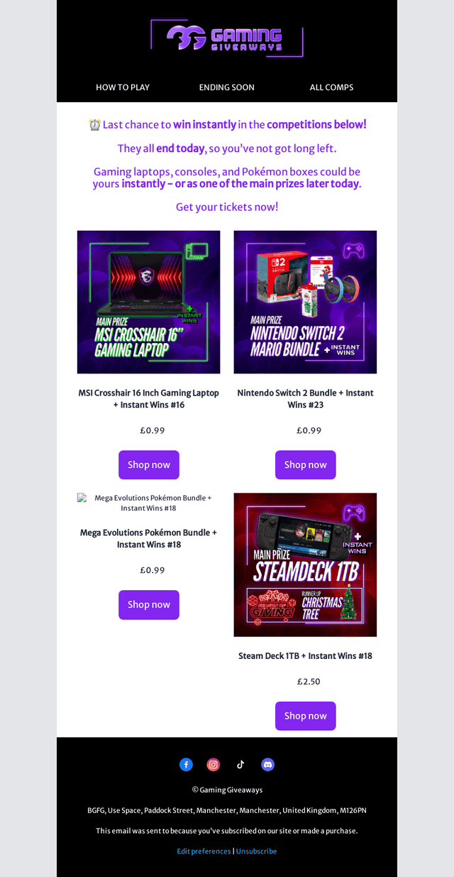 Gaming Giveaways email from Fri, Jan 9, 2026