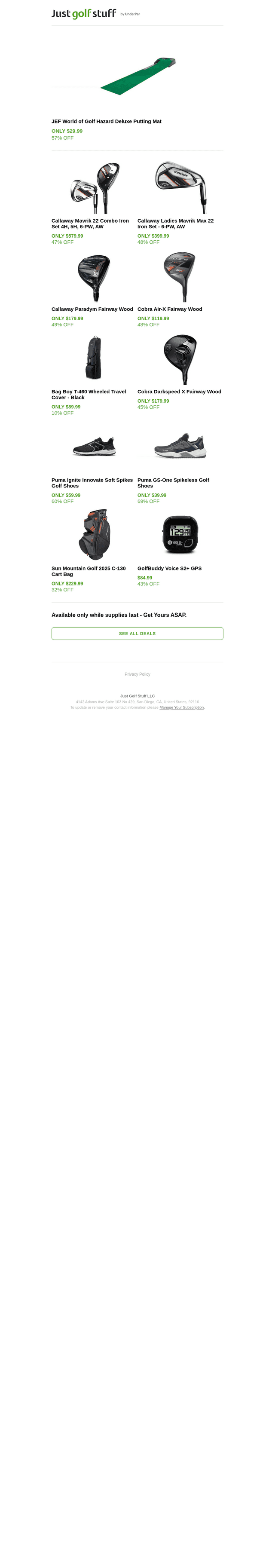 JustGolfStuff email from Sat, Jan 10, 2026
