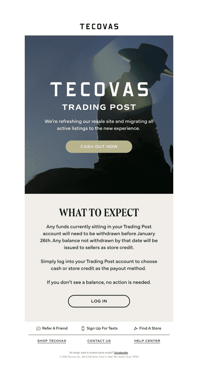 Action Required: Changes coming to Tecovas Trading Post