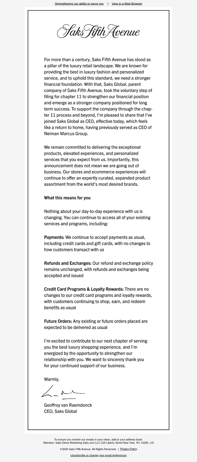 Saks email from Thu, Jan 15, 2026