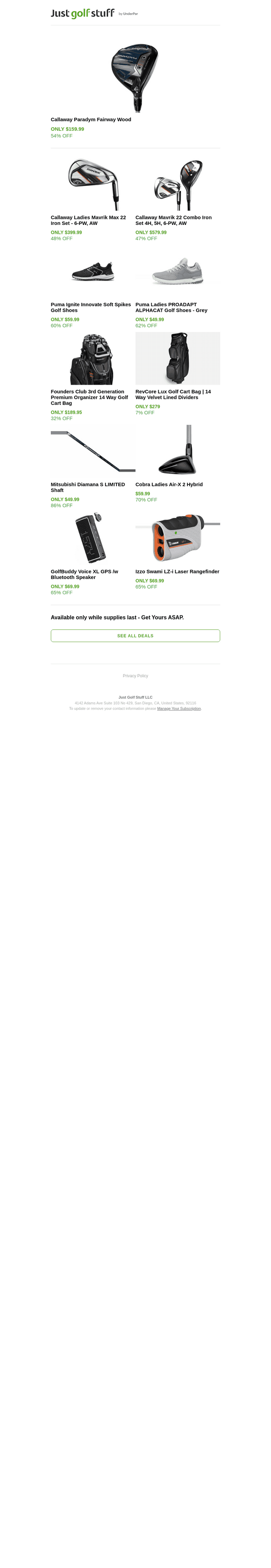 JustGolfStuff email from Sat, Jan 17, 2026