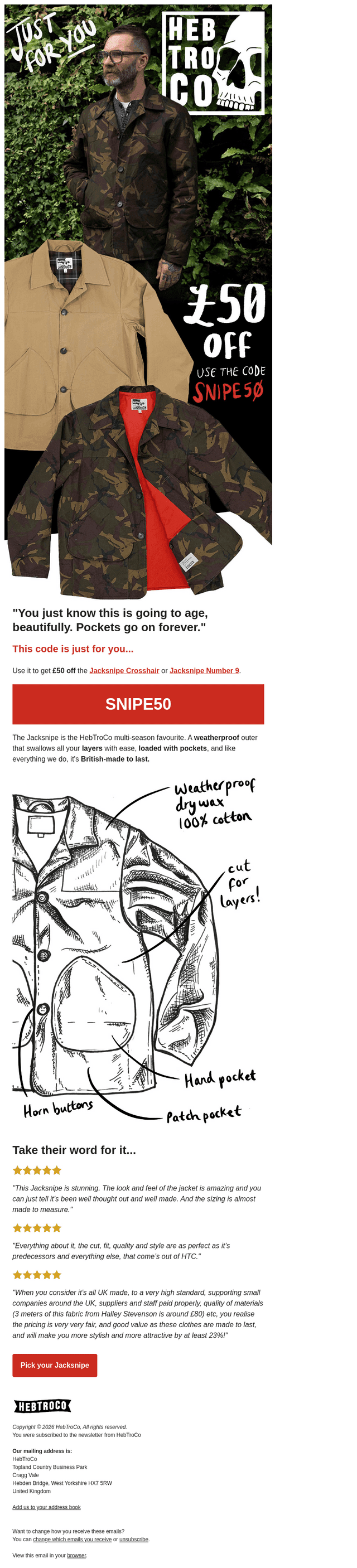 £50 off your first Jacksnipe Overjacket
