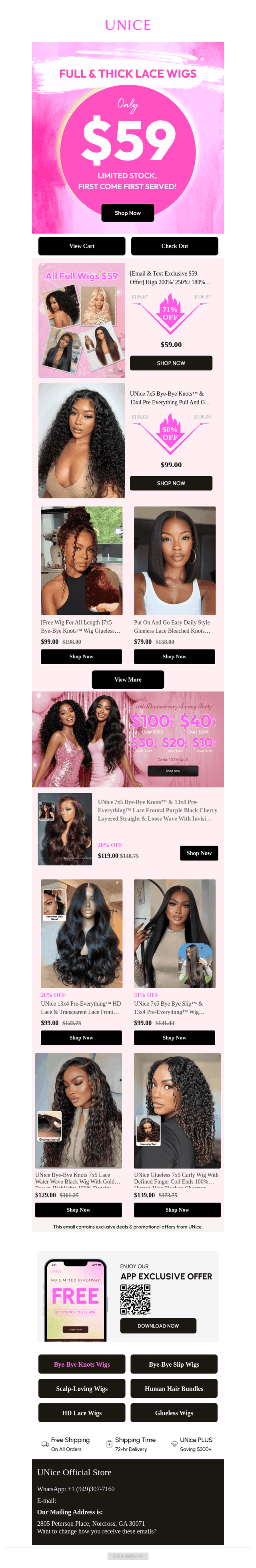 $59 Glueless Wigs with 180%–250% Density