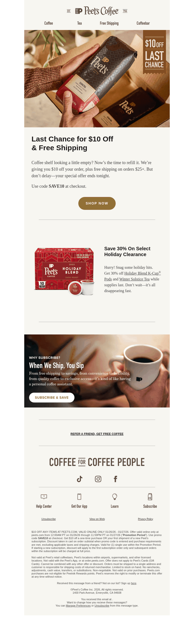 Peet's Coffee email from Tue, Jan 27, 2026