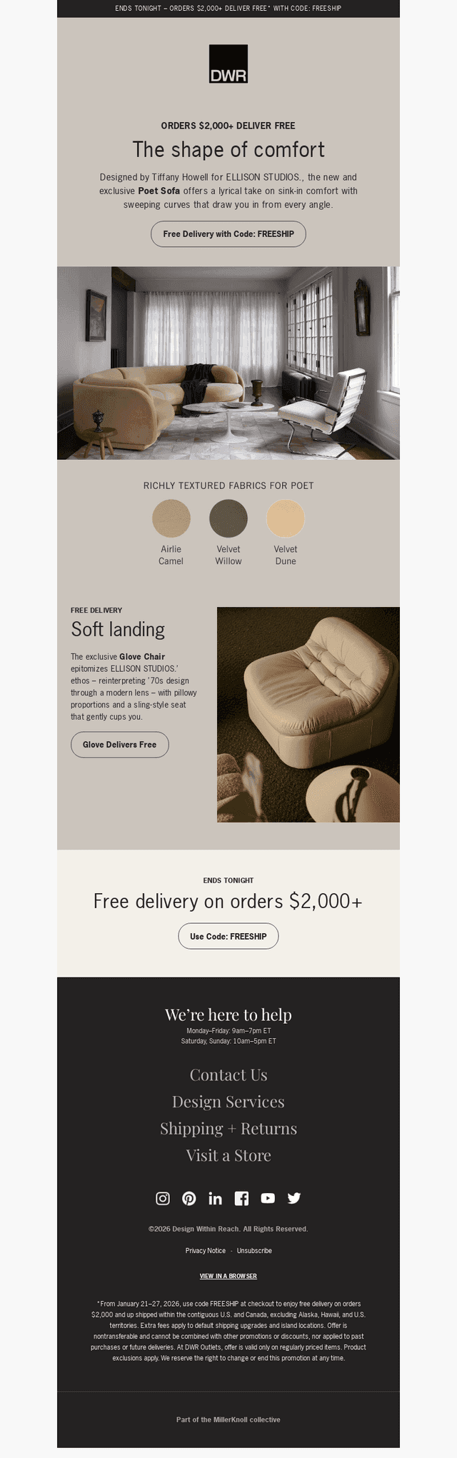 Ends tonight: Free delivery on orders $2,000+