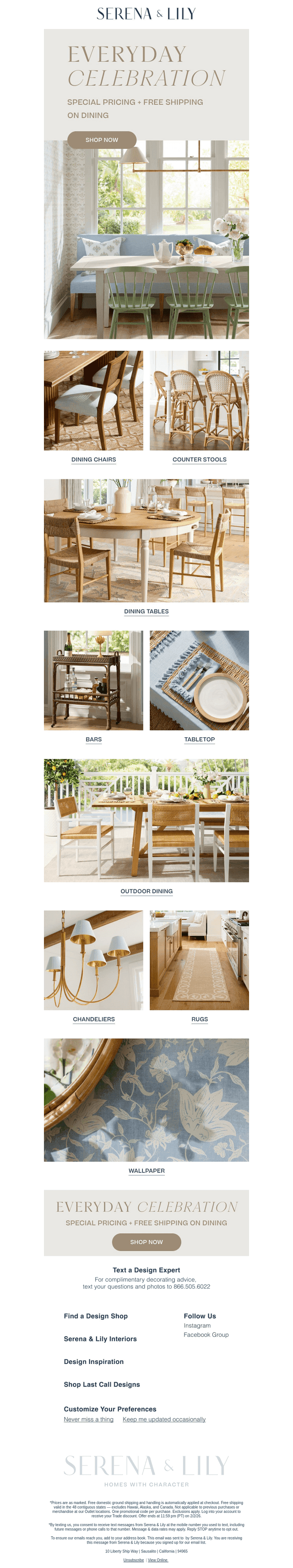 Special pricing on all dining plus free shipping!