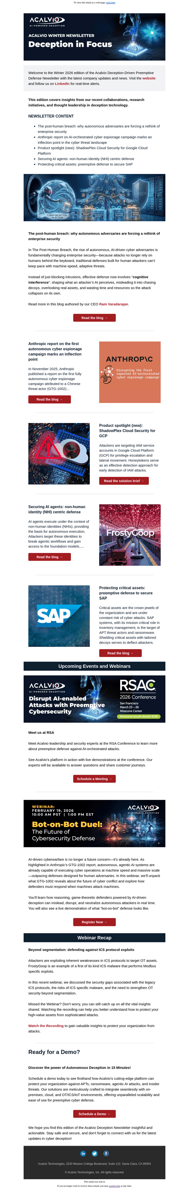 Acalvio Technologies email from Wed, Jan 28, 2026
