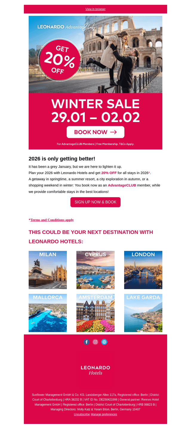 Leonardo Hotels email from Thu, Jan 29, 2026