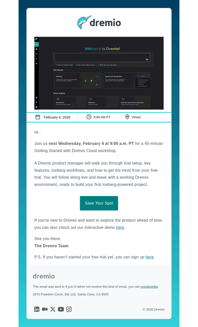 Join next week's Dremio hands-on workshop (45 minutes)