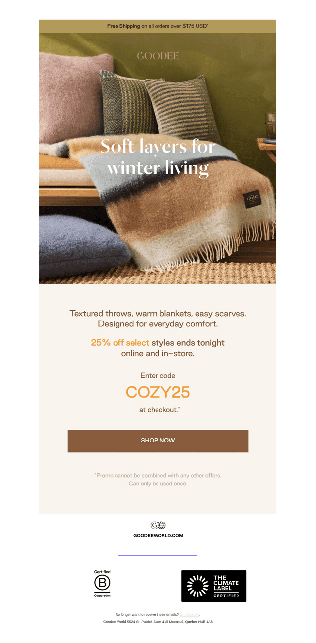 Last call: 25% off select blankets and scarves