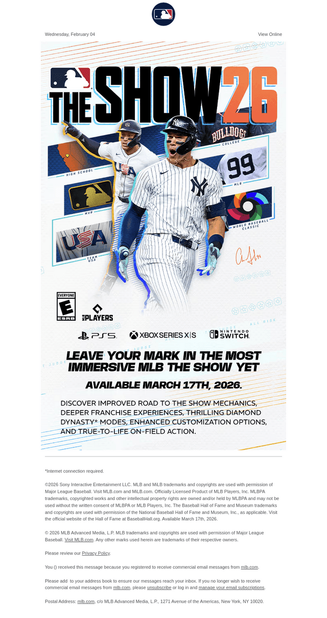 MLB email from Wed, Feb 4, 2026