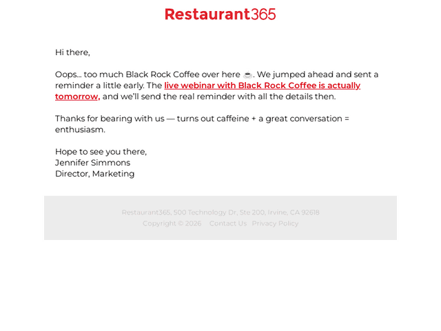 Restaurant365 email from Wed, Feb 4, 2026