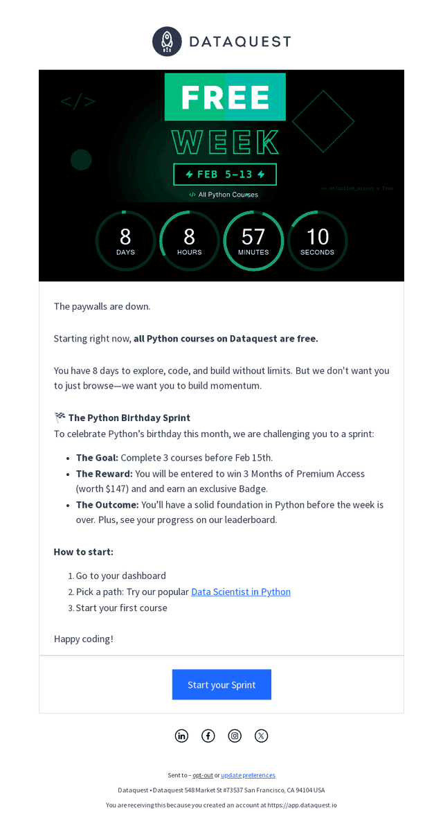 Python Free Week is LIVE (Join the Sprint)