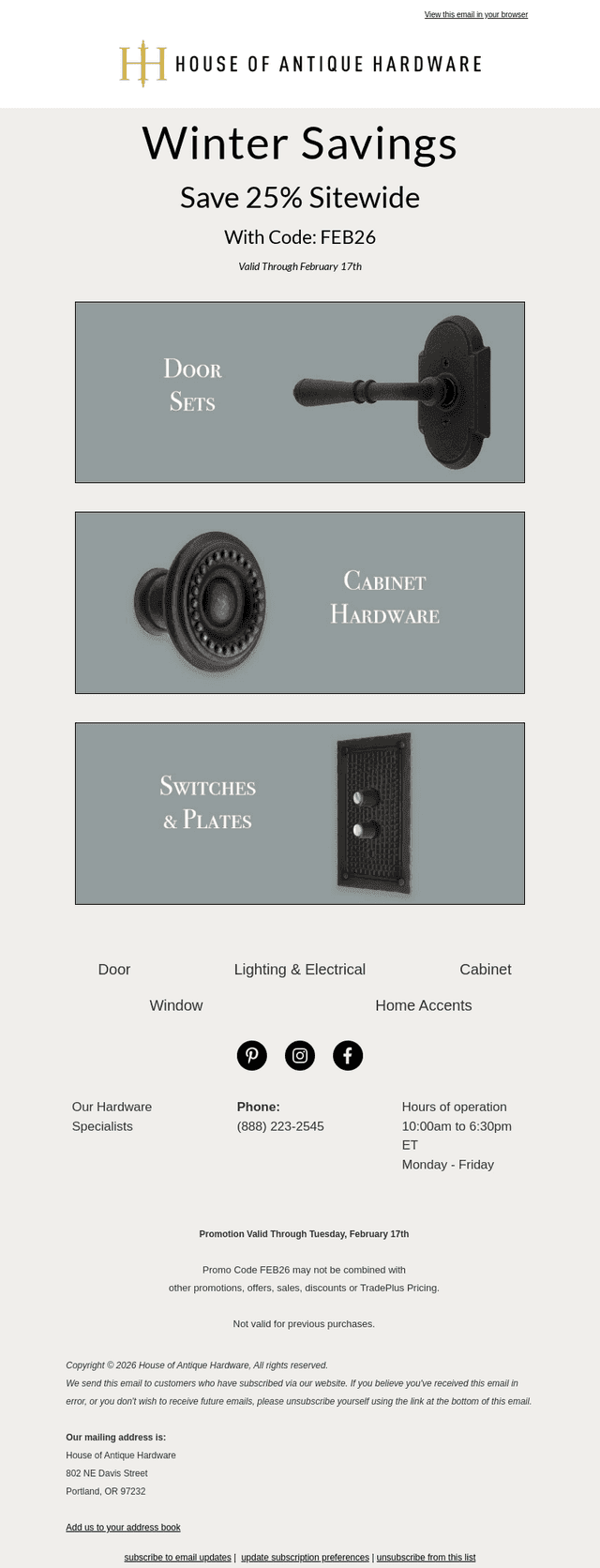 House of Antique Hardware email from Mon, Feb 9, 2026
