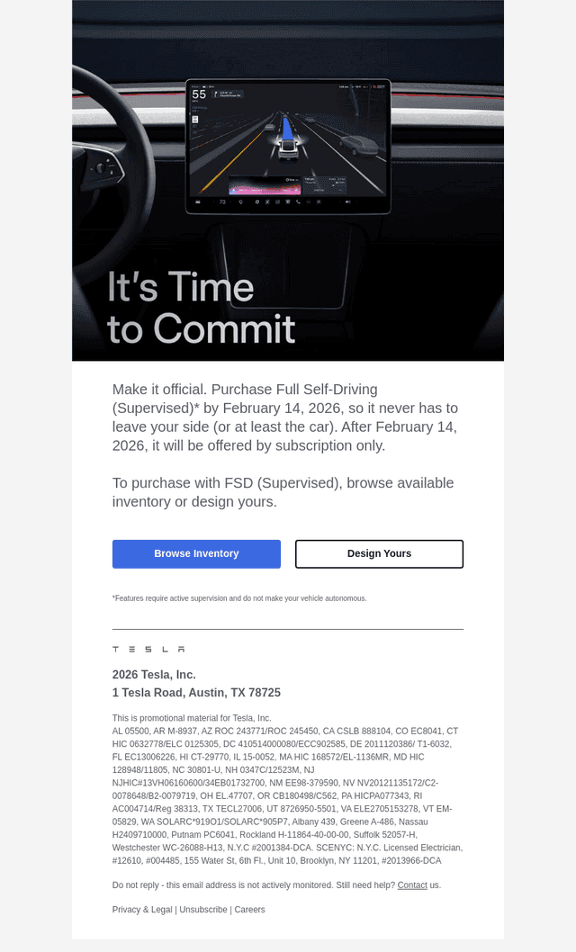 Tesla email from Wed, Feb 11, 2026