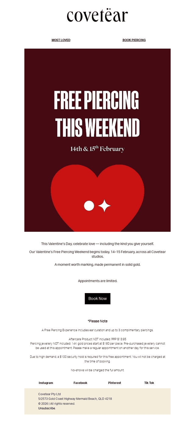 FINAL APPOINTMENTS - VALENTINE'S FREE PIERCING WEEKEND.