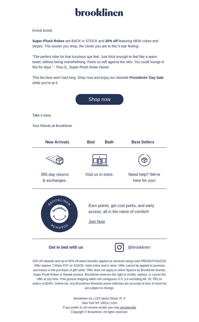 Brooklinen email from Sun, Feb 15, 2026