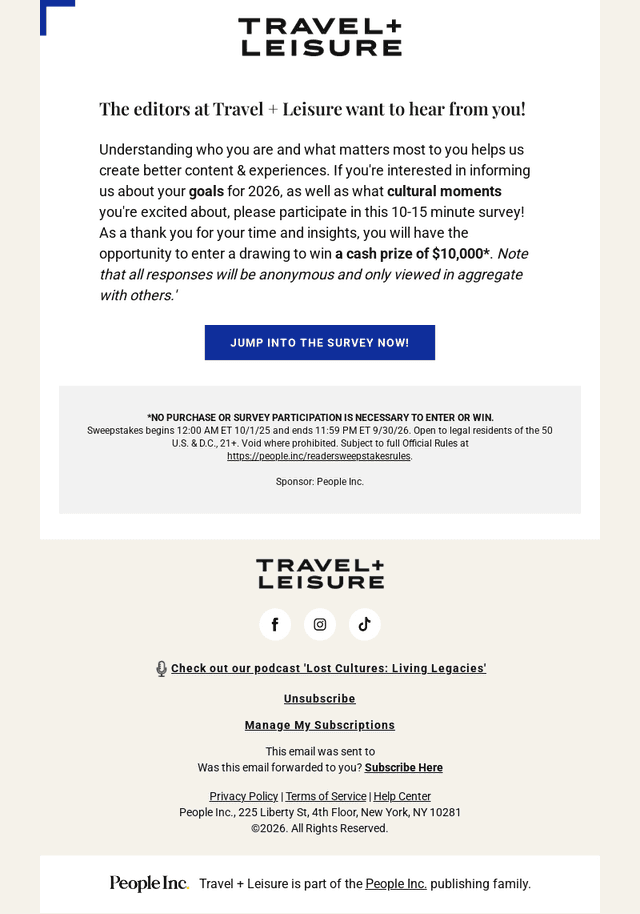 Travel + Leisure email from Wed, Feb 18, 2026
