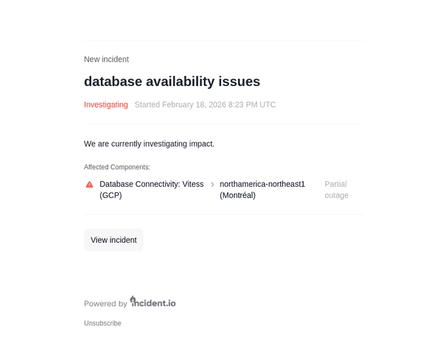 incident.io email from Wed, Feb 18, 2026