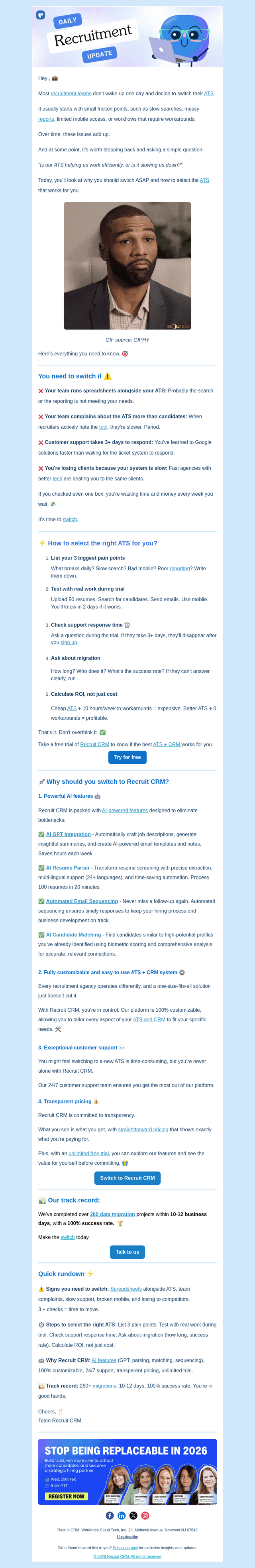 Recruit CRM email from Thu, Feb 19, 2026