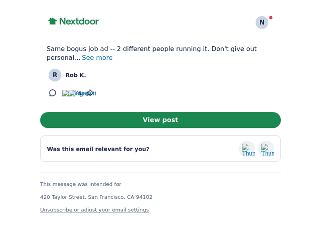 Same bogus job ad -- 2 different people running it.