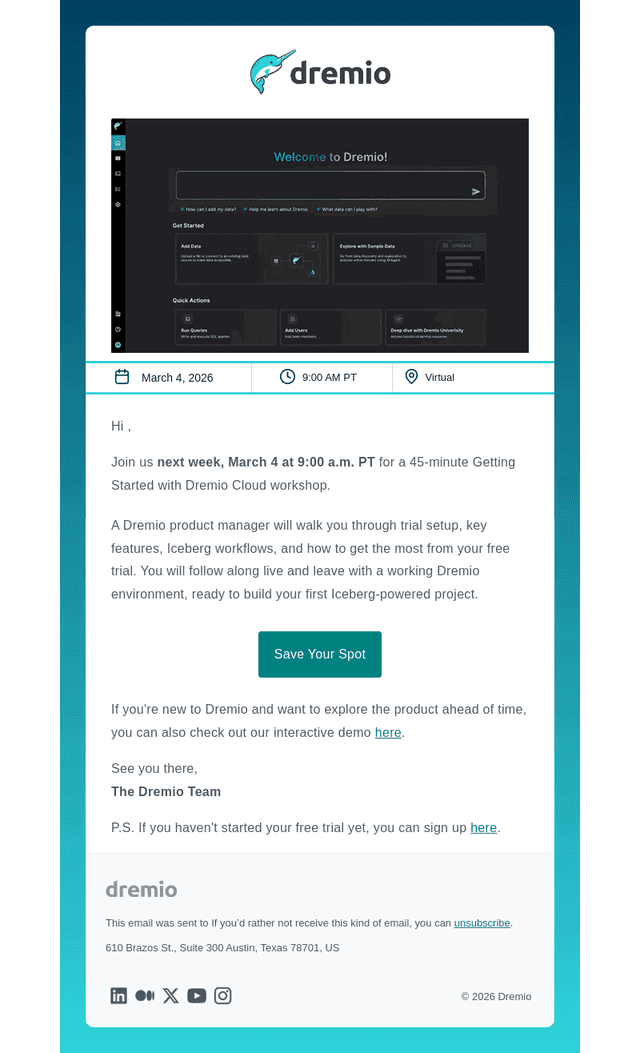 Next week: Dremio hands-on workshop (45 minutes)
