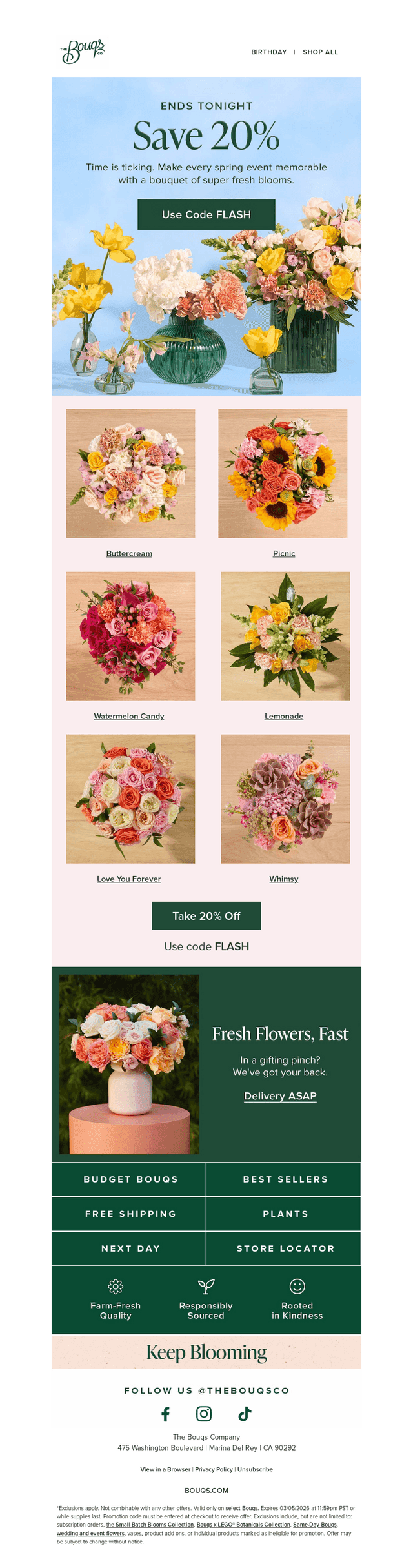 Final call: 20% off farm-fresh flowers
