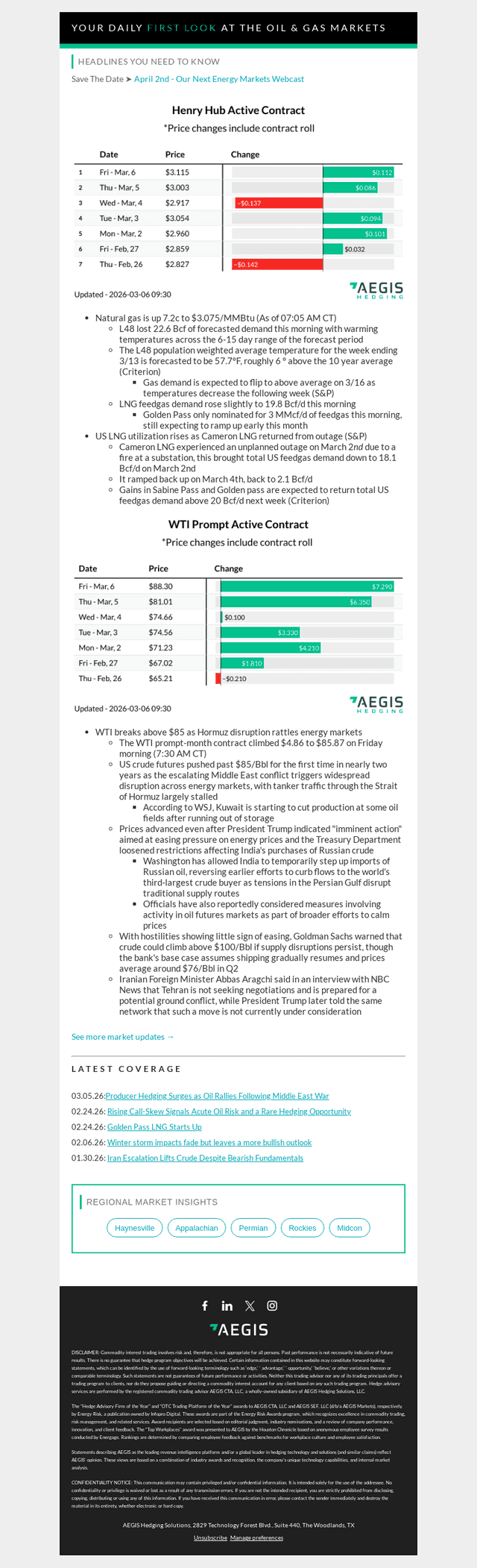 AEGIS Hedging email from Fri, Mar 6, 2026