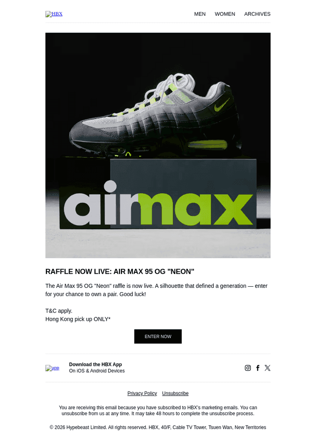 RAFFLE NOW LIVE: AIR MAX 95 OG "NEON"