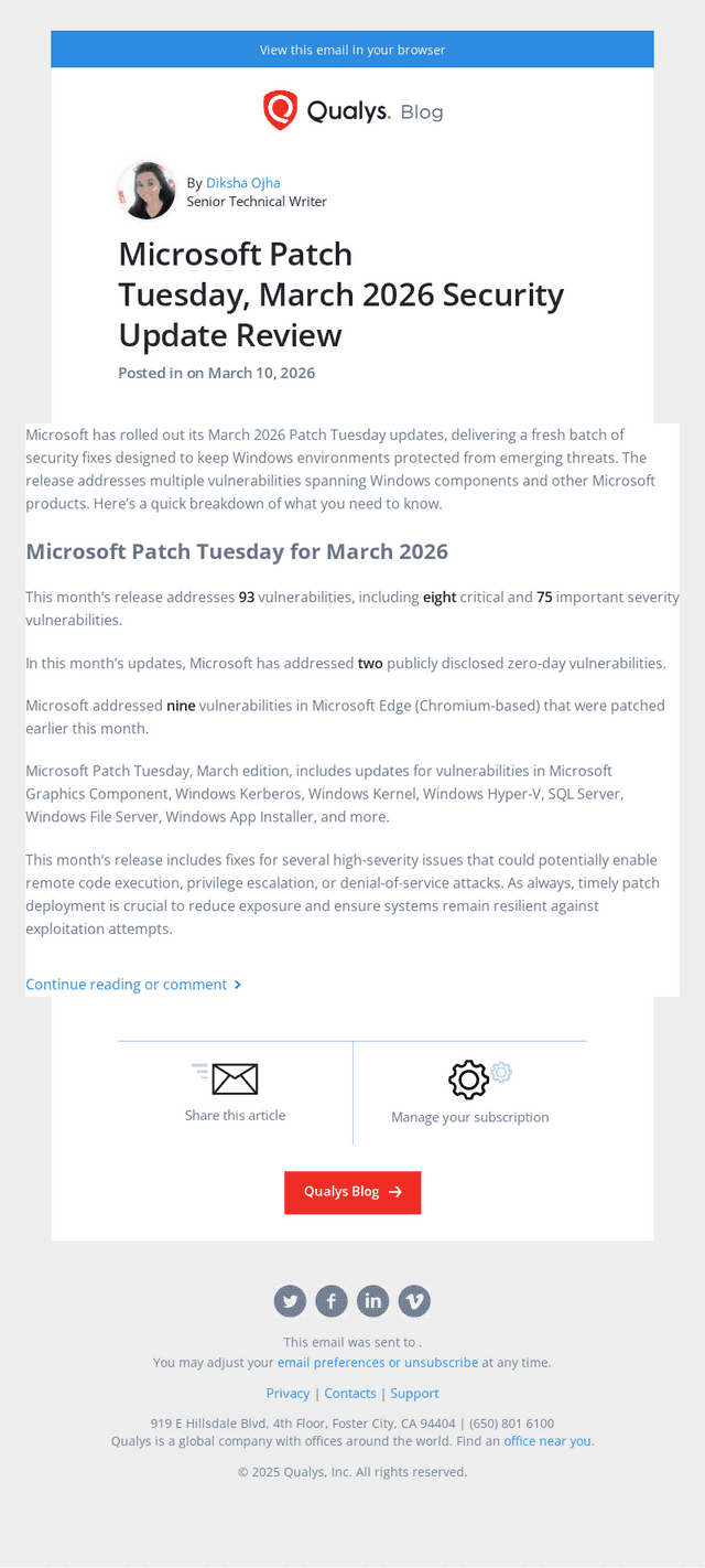 Read the latest post - Microsoft Patch Tuesday, March 2026 Security Update Review