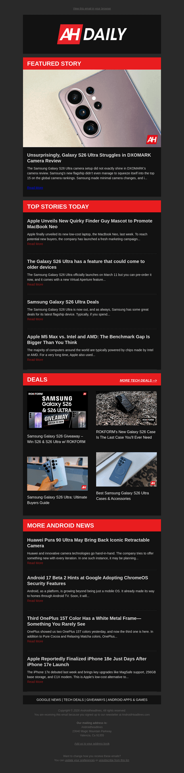 Android Headlines email from Tue, Mar 10, 2026