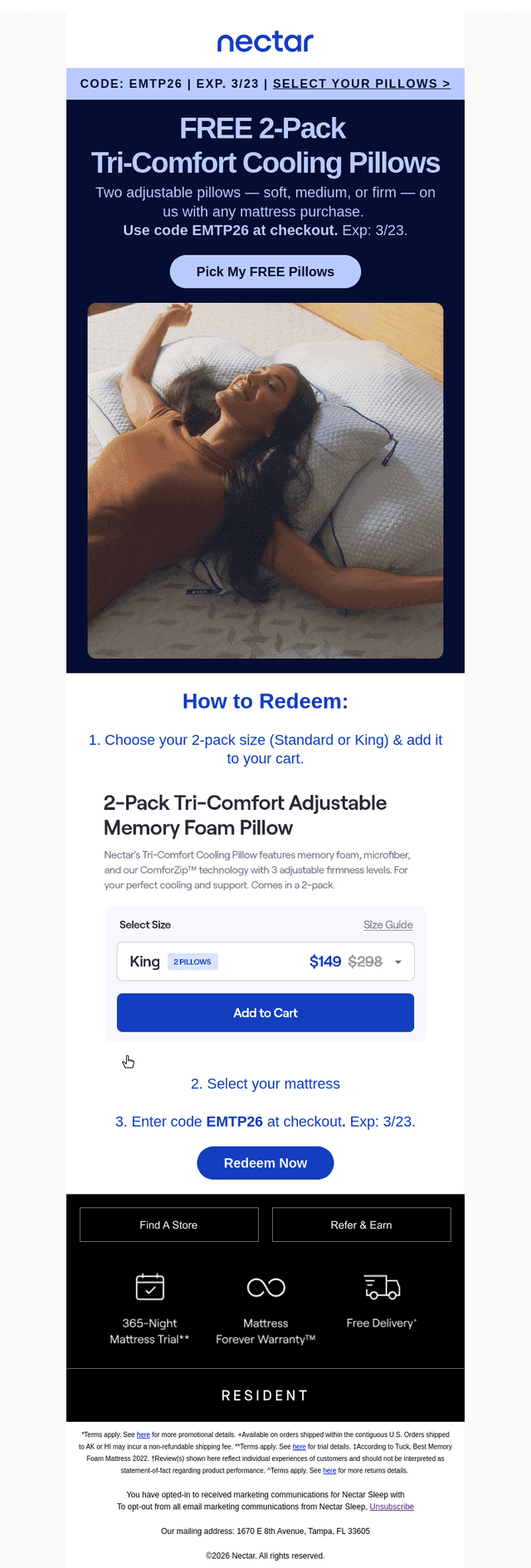 Code EMTP26 unlocked🔓: 2 FREE Pillows with bed order