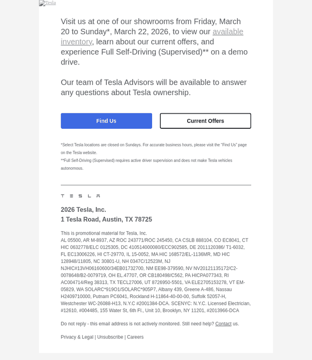 Tesla email from Thu, Mar 19, 2026