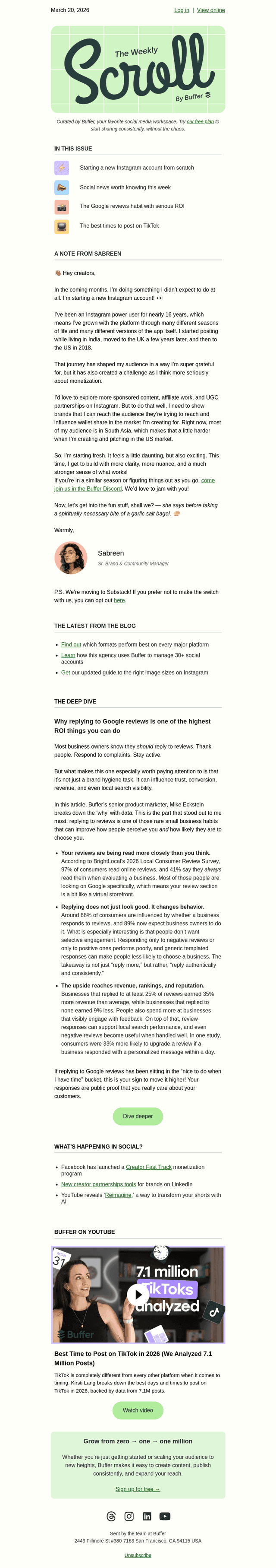 Buffer email from Fri, Mar 20, 2026