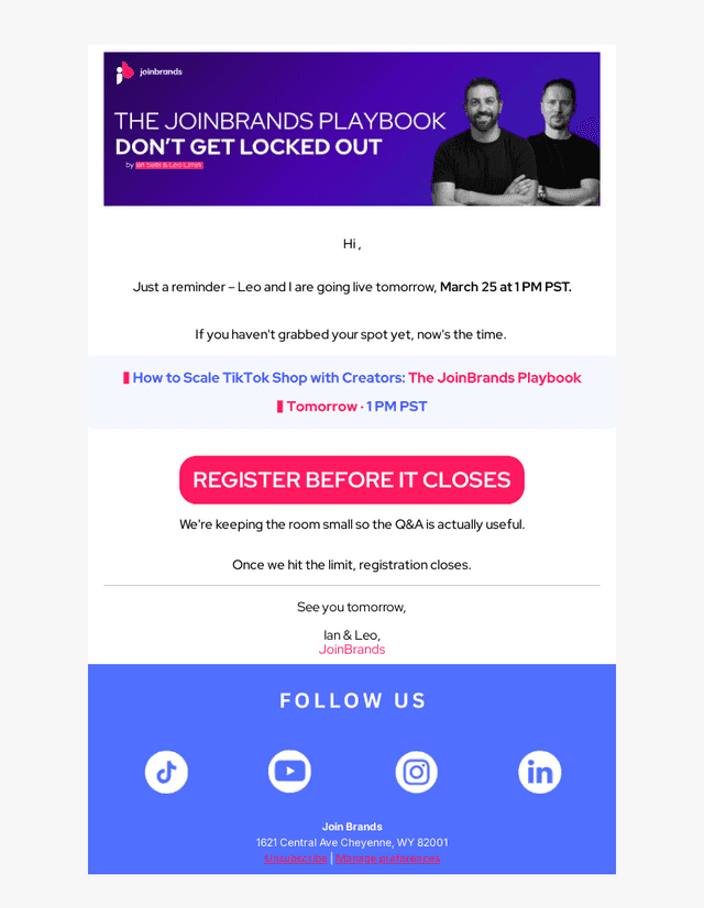 Tomorrow at 1PM PST – spots are going fast